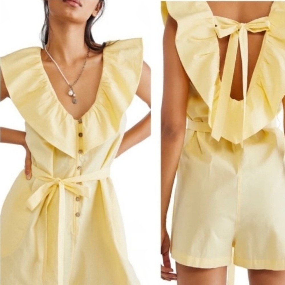 Free People Darling Yellow Ruffle V-Neck Button Front Cotton Romper Small